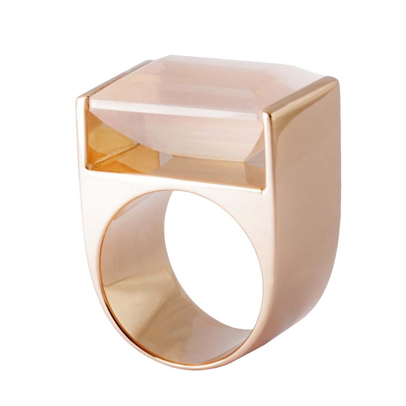 Quadrant Tall rose quartz ring in rose gold Kattri The Jewellery Editor